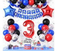 3rd Birthday Decorations for Boys,Red Black Blue Birthday Balloon Number 3 Balloon with Star Foil Balloons Banner Cake Topper for 3 Year Old Kids Theme Party Decor
