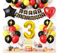 3rd Birthday Decorations for Boys,Red Black Yellow Birthday Party Number 3 Balloon with Star Heart Foil Balloons Banner Cake Topper for 3 Year Old Party Decor