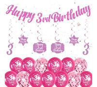 3rd Birthday Decorations for Girls - Pink Happy 3rd Birthday Banner Hanging Swirls Confetti Balloons, 3 Year Old Party Supplies Garland Bunting Balloon Set