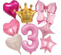 3rd Birthday Decorations for Girls, Pink Princess Balloons Set With 40 Inch Number 3, Large Bow Foil Balloons Helium Foil Mylar Crown Balloon for Birthday Baby Shower Party Decorations