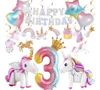 3rd Birthday Decorations Kit with 3D Self Standing Unicorn, Star Heart Balloons, Hanging Swirls for Princess Theme Girls Kids Magical Party Supplies