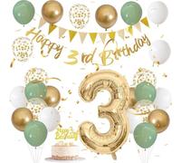 3rd Birthday Decorations Set - Green Gold White Party Decoration Set with Number 3 Foil Balloon, Happy Birthday Banner, Confetti and Latex Balloons, Cake Topper for 3rd Birthday Celebration