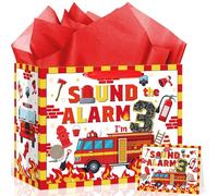 3rd Birthday Gift Bag Firetruck 3rd Birthday Party Decorations Firefighter Themed Sound the Alarm I Am 3 Gift Wrapping Paper Bag with Greeting Card for Boys Happy 3 Year Old Party Favors Supplies