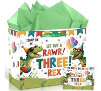 3rd Birthday Gift Bag Green Dinosaur 3rd Birthday Party Decorations Three Rex Dinosaur Gift Wrapping Paper Bag with Tissue Paper for Boys Dino Let Out a Rawr 3 Year Old Party Favors Supplies
