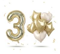 3rd Birthday Gold Balloon with Cream Heart & Stars - Self Inflating, Giant 40'' Number 3 Foil Balloon for Graduation & Anniversary Parties
