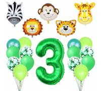3rd Birthday Jungle Balloon Set for Kids Large Number 3 Foil Balloon with Animal Face Balloons Green Party Balloons & Ribbon Birthday Theme Decorations for Boys and Girls