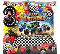3rd Birthday Monster Big Truck Theme Birthday Party Decorations Set Including Giant 40 Inch Number 3 Balloon, Backdrop, Banner, Cake Topper