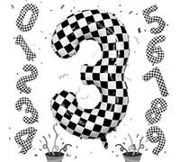 3rd Birthday Number Balloons for Boys, 40 Inch Checkered Racing Foil 3 Balloons, Self Inflating Helium Black and White Big Number 3 Balloon for Kids Birthday Race Car Flag Party Decoration Supplies