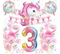 3rd Birthday Party Decoration Girls, Unicorn Birthday Decoration Set Pink, Large Number 3 Foil Balloon,Pink White Latex Balloons,3 Unicorn Party Supplies for Baby Girls Birthday Celebration
