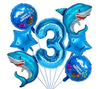 3rd Birthday Shark Balloon Set, Blue Shark Themed Party Balloons with Number 3 Foil Balloon, Under the Sea Ocean Decorations for Kids Boys 3rd Birthday