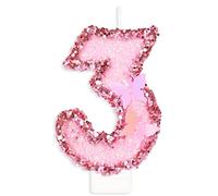 3rd Butterfly Birthday Candles, Number 3 Pink Candle, Birthday Candle for Cake, Happy 3 Birthday Candle, Handmade Sequin Shining Numeral Candles Cake Topper Decoration for Girls Birthday Party