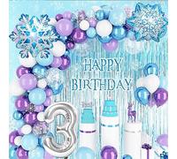 3rd Frozen Birthday Decorations Girls,Elsa Frozen Party Decorations with Purple Blue Balloon Arch,Curtain, Cake Topper, Large Foil 3 Number,Snowflake Foil Balloons for 3th Frozen Party Supplies