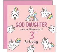 3rd God Daughter Birthday Card - Funny Cat Cute God Daughter's Birthday Card for 3 Year old Kids three, third