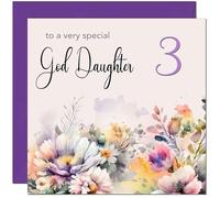 3rd God Daughter Birthday Card - Purple Floral God-Daughter's Birthday Card for 3 Year old Kids three, third