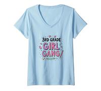 3rd Grade Girl Gang: Fun School Squad for Young Learners V-Neck T-Shirt, Women, Baby Blue, S
