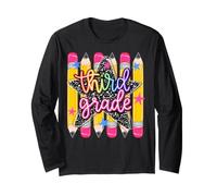 3rd Grade Girls Pencils Stripe Rainbow Leopard Composition Long Sleeve T-Shirt