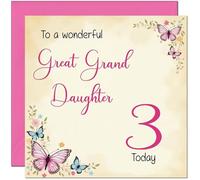 3rd Great Granddaughter Birthday Card - Beautiful Butterfly Floral Birthday Card for 3 Year old Kids three, third