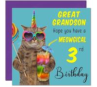 3rd Great Grandson Birthday Card - Meowgical Cat Funny Birthday Card for 3 Year old Kids three, third