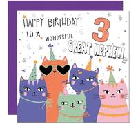 3rd Great Nephew Birthday Cards - Childrens Cute Cat Great Nephew Birthday Card for 3 Year old Kids three, third