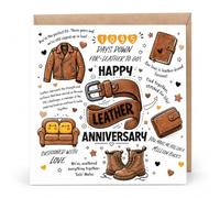 3rd Wedding Anniversary Card with Envelope, Funny Leather Anniversary Card for Husband, Wife or Partner, Romantic Three Years Married Greeting with Jacket, Belt, Wallet and Sole Mate Puns