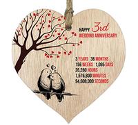 3rd Wedding Anniversary Wooden Heart Plaque, Light Wood Sign Keepsake, Celebrate Leather Anniversary Wife Husband Boyfriend Girlfriend, Plaque with Quotes Gifts from the Kids