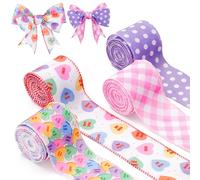 3sscha 4 Rolls Love Candy Color Wired Edge Ribbon Conversation Heart Grid Dot Gift Box Wrapping Ribbon Wreath Decorations Handmade Bow Craft for Wedding Holiday (2.5 Inch, 20 Yard)
