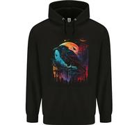 3TEES A Crow With Fantasy Moon Mens 80% Cotton Hoodie Black
