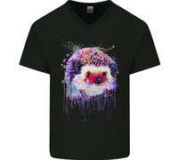 3TEES A Hedgehog Watercolour Mens V-Neck Cotton T-Shirt Black L