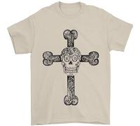 3TEES Day of The Dead Sugar Skull Cross Mens T-Shirt 100% Cotton Sand XL