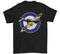 3TEES Spitfire MOD RAF WWII Fighter Plane British Mens T-Shirt 100% Cotton Black L