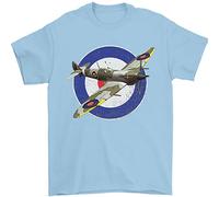 3TEES Spitfire MOD RAF WWII Fighter Plane British Mens T-Shirt 100% Cotton Light Blue L