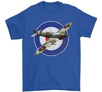 3TEES Spitfire MOD RAF WWII Fighter Plane British Mens T-Shirt 100% Cotton Royal Blue XL