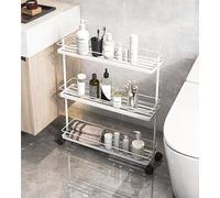 3Tier Rolling Storage CartNarrow Metal Utility Rack on Wheels SpaceSaving Organizer Shelf for Toiletries Towels & More Heavy Duty Design (White)