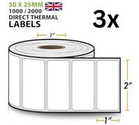 3X 1000 Direct Thermal Self-Adhesive Labels - 2" X 1" | 50mm x 25mm Perforated UPC Barcode FBA Compatible with Rollo & Zebra Desktop Printers - 3 Rolls, 3000 Total