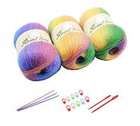 3X 100g Rainbow Wool Yarn Balls Chunky Knit Double Pom Pom Coloured Chunky Wool with 3 Crochet Hooks, 2 Needles, 10 Crochet Locking Stitch Markers for Beginners (201)