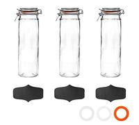 3X 2000ml (2 Litre) Clear Glass Spaghetti Jars with Chalkboard Stickers Orange Airtight Silicone Seal and Metal Clip Lids - 70.3oz Empty Tall Pasta Kitchen Containers - by Argon Tableware