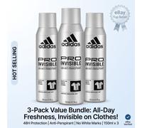 3x Adidas Pro Invisible Antiperspirant Deodorant Spray 150ml Men 48H