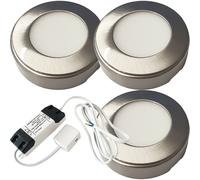 3x BRUSHED NICKEL Round Surface or Flush Under Cabinet Kitchen Light & Driver Kit - Warm White LED Loops Metallics One Size