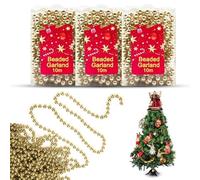 3x Champagne Gold 10M Christmas Bead Chains, Luxury Plastic Garland for Xmas Tree Ornaments, Pearl Bead Strands for Wedding Party Decor, Pearl String Garland Decoration