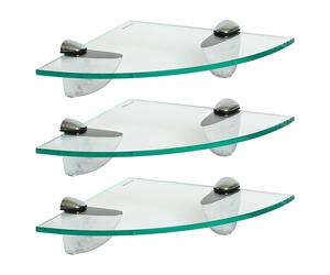 3x Clear 20cm Floating Glass Corner Shelves Bathroom Shelf with Chrome Brackets