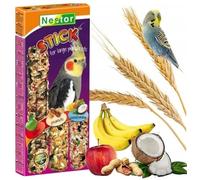 3x Cockatiel Parrots Treats PEANUTS/COCONUT/APPLES/BANANAS Flavors 3in1 Seed Sticks Large Parakeets Conures 175g Wild Bird Food Budgie Cockatoo Finches Snacks with Hooks Pack of Three