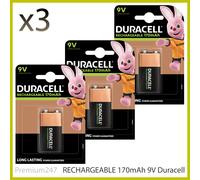 3x Duracell 9V Rechargeable 170mAh Ultra Batteries PP3 Block 6LR61 Duralock