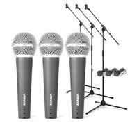 3x Dynamic Vocal Microphone Set with Stands, Wired Cardioid Karaoke Microphones, XLR Handheld Mics with 5m Cables, Adjustable Boom Stands for Singing and Events