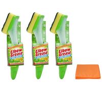 3X Elbow Grease Fillable Washing Up Brush with Refill Sponge- Ergonomic Design Handle - with Ultra Absorbent Microfibre Cleaning Cloth