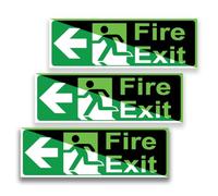 3x Fire Exit Sign Glow in the Dark [Left Arrow] Vinyl Sticker - 300 x 100 mm Durable & Water Proof Fire Exit Signs Self Adhesive Glow in the Dark - EN ISO 7010:2012 Compliant Safety Sign