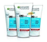 3x Garnier Pure Active 3 in 1 Clay Face Wash Scrub Mask 150ml with Niacinamide