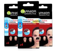 3x Garnier Pure Active Charcoal Anti Blackhead Nose Forehead Chin Strips 4pcs