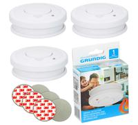 3x Grundig Smoke Detector 85 DB Incl. 9V Battery+3M Adhesive Pad Set Fire Alarm