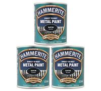 3X Hammerite Satin Black Paint 750ml Direct to Rust Metal Paints