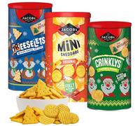 3x Jacobs Crackers tubs (3x280g) - Cheeselets, Mini Cheddars, Crinckleys Christmas Savoury Snacks, Jacobs Crackers Savory Christmas Hamper, Cheeselets Snacks Sharing Tub